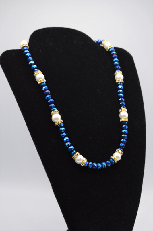 Royal Blue Crystals and White Pearl Necklace