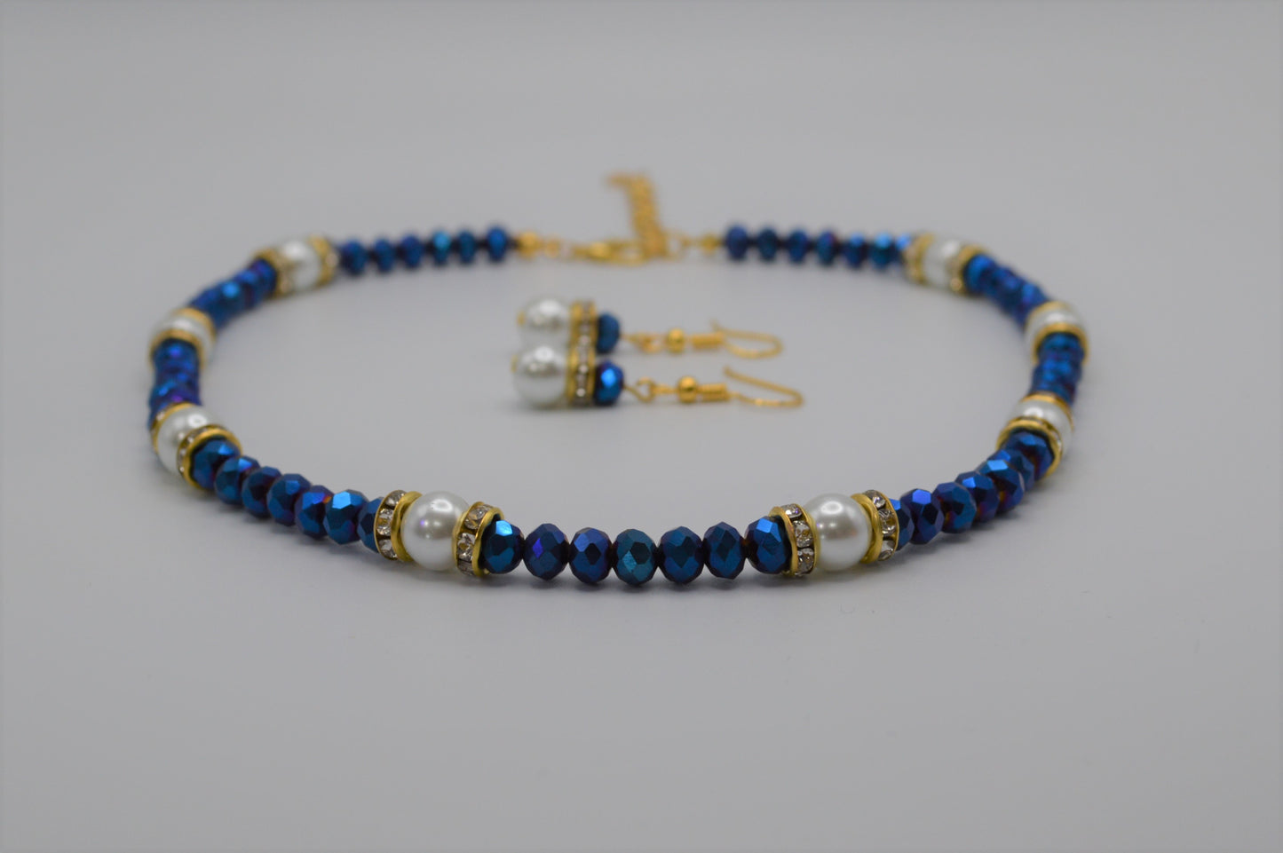 Royal Blue Crystals and White Pearl Necklace