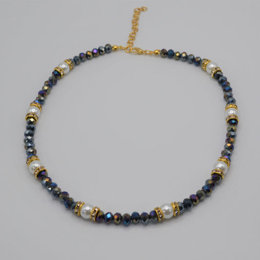 Dark Crystals with a Rainbow Finish (Blue, Purple and Gray) and White Pearl Necklace