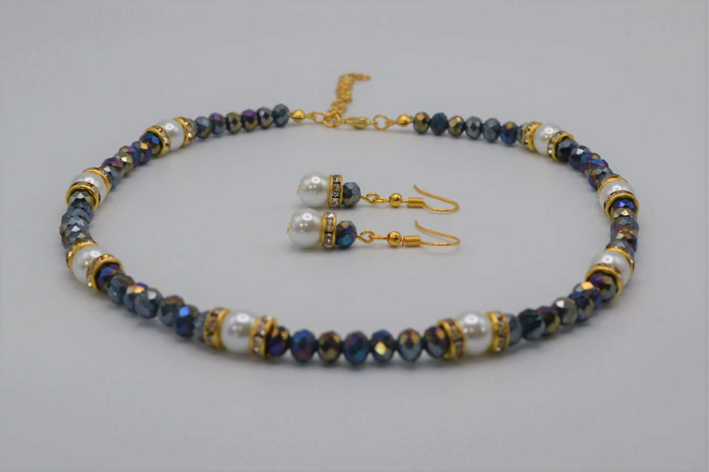 Dark Crystals with a Rainbow Finish (Blue, Purple and Gray) and Pearl Earrings (Short)