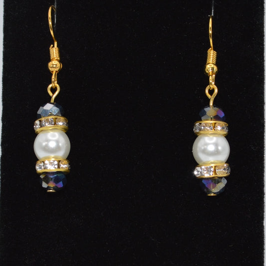 Dark Crystals with a Rainbow Finish (Blue, Purple and Gray) and Pearl Earrings (Long)