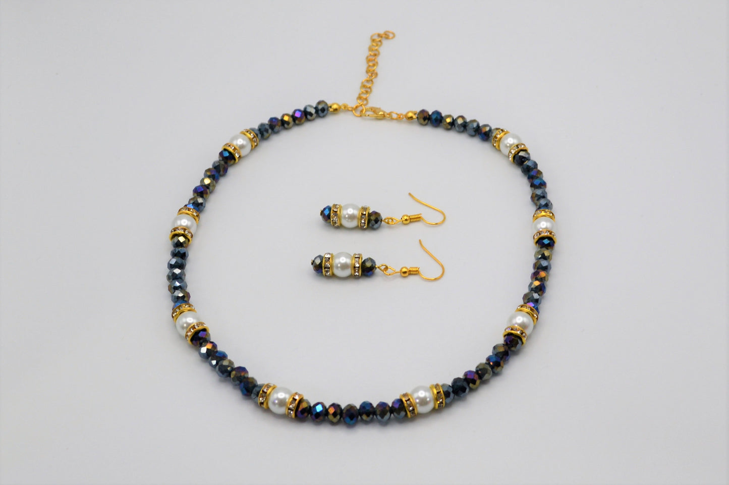 Dark Crystals with a Rainbow Finish (Blue, Purple and Gray) and Pearl Earrings (Long)