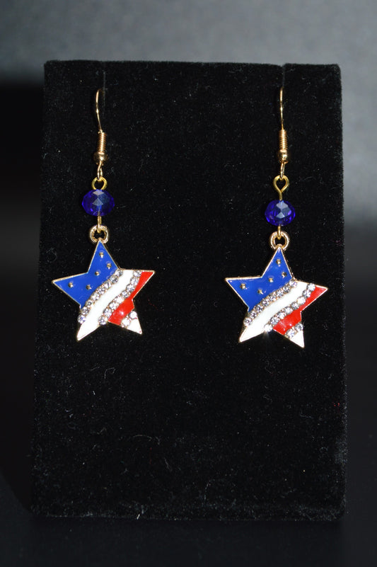 Enamel Star Flag Earrings with a Blue Crystal Bead