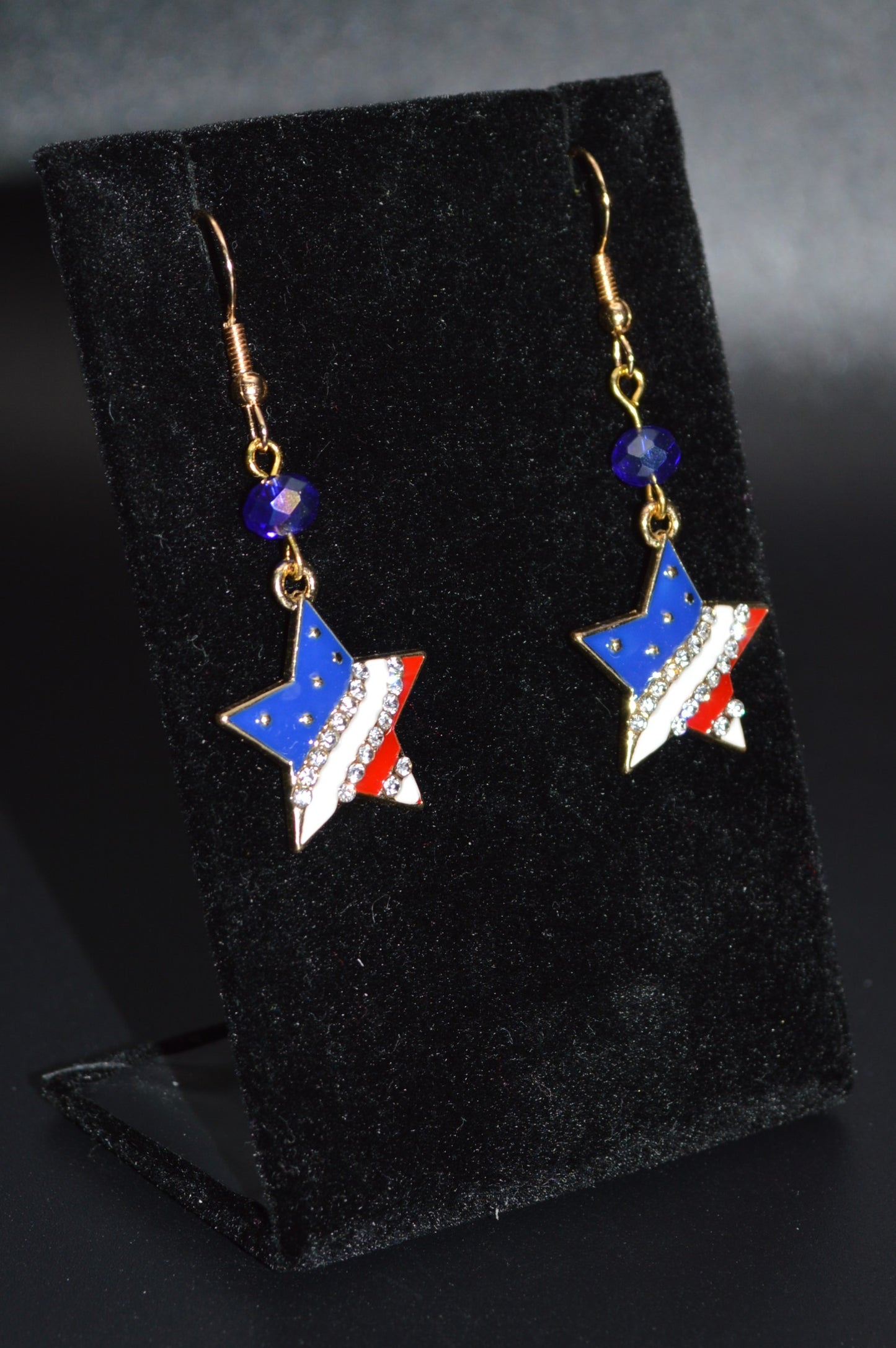 Enamel Star Flag Earrings with a Blue Crystal Bead