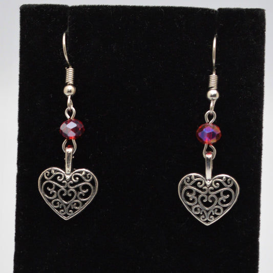 Antique Silver Heart Earrings with Red Crystals