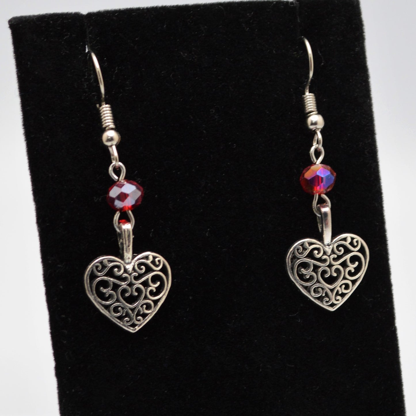 Antique Silver Heart Earrings with Red Crystals
