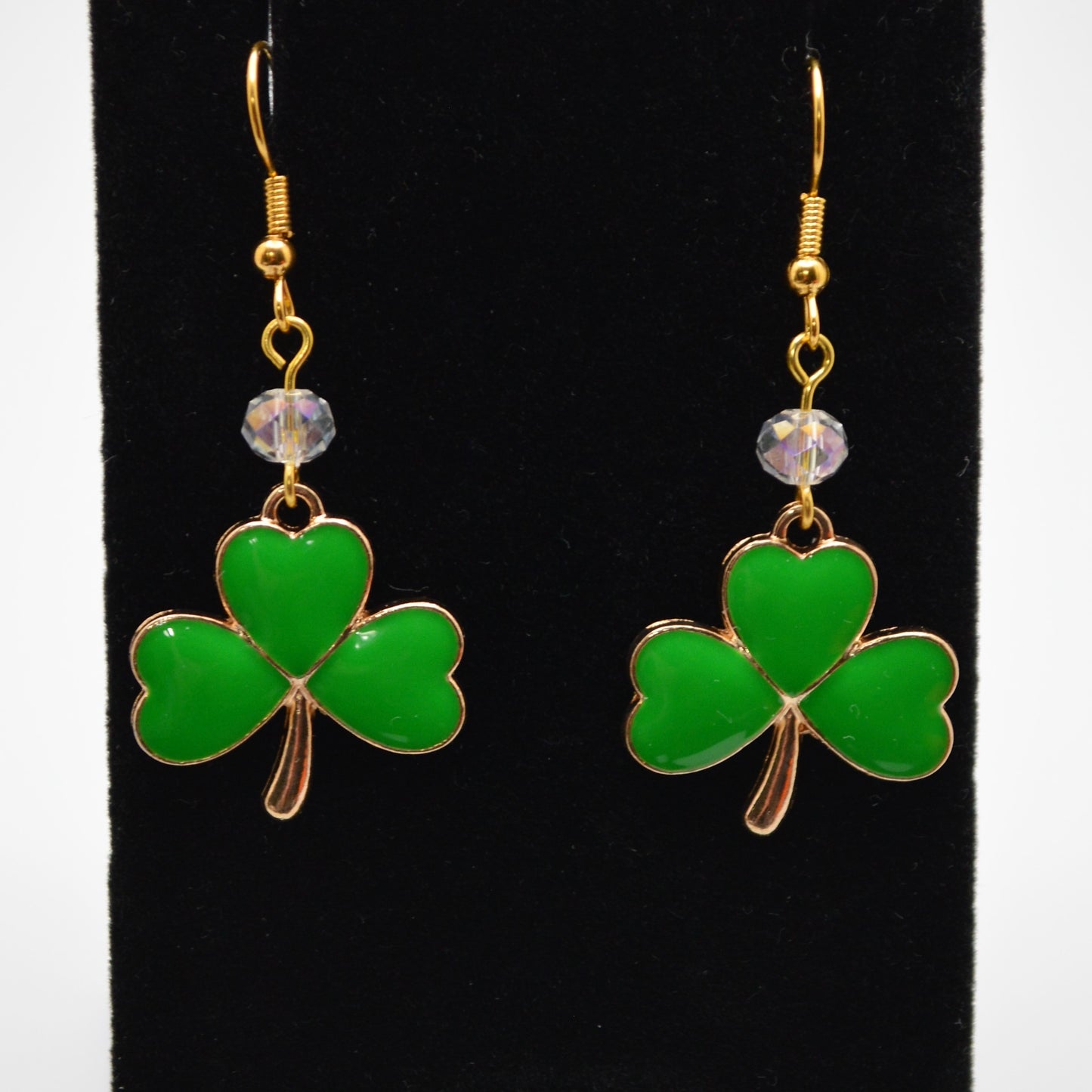 Kelly Green Shamrock Earrings with Crystal Beads