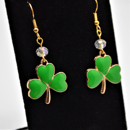 Kelly Green Shamrock Earrings with Crystal Beads