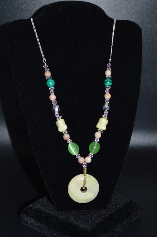 Glass and Stone Donut Pendant Necklace