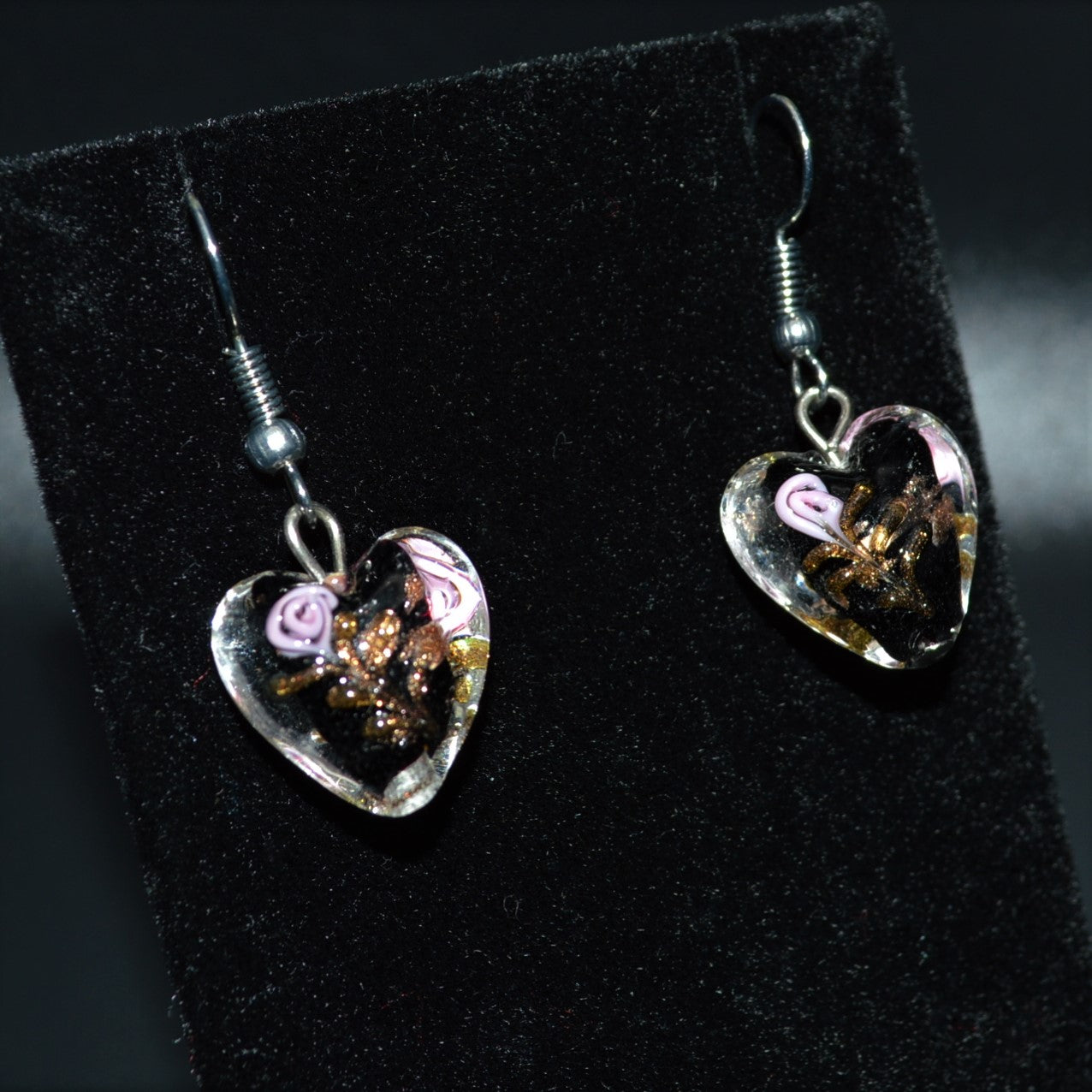 Black Lampworked Glass Rose Heart Earrings