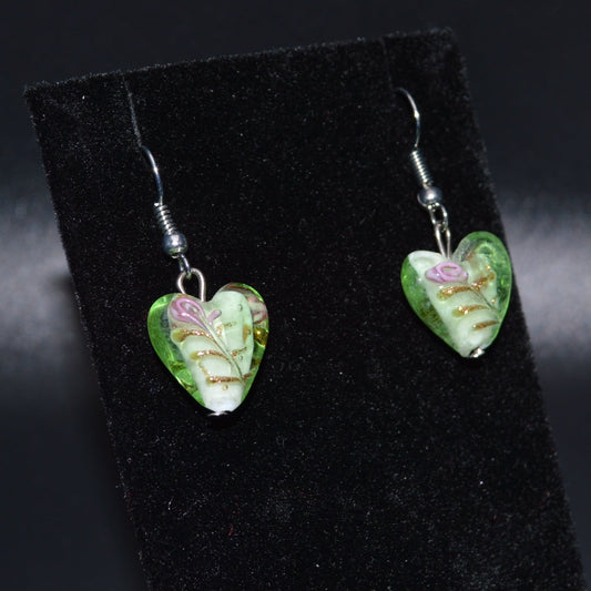 Lampworked Glass Heart Earrings (Green)