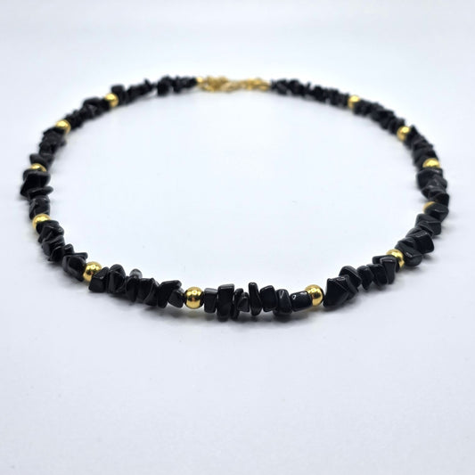 Black Obsidian Chips with Gold Accent Beads Beaded Necklace
