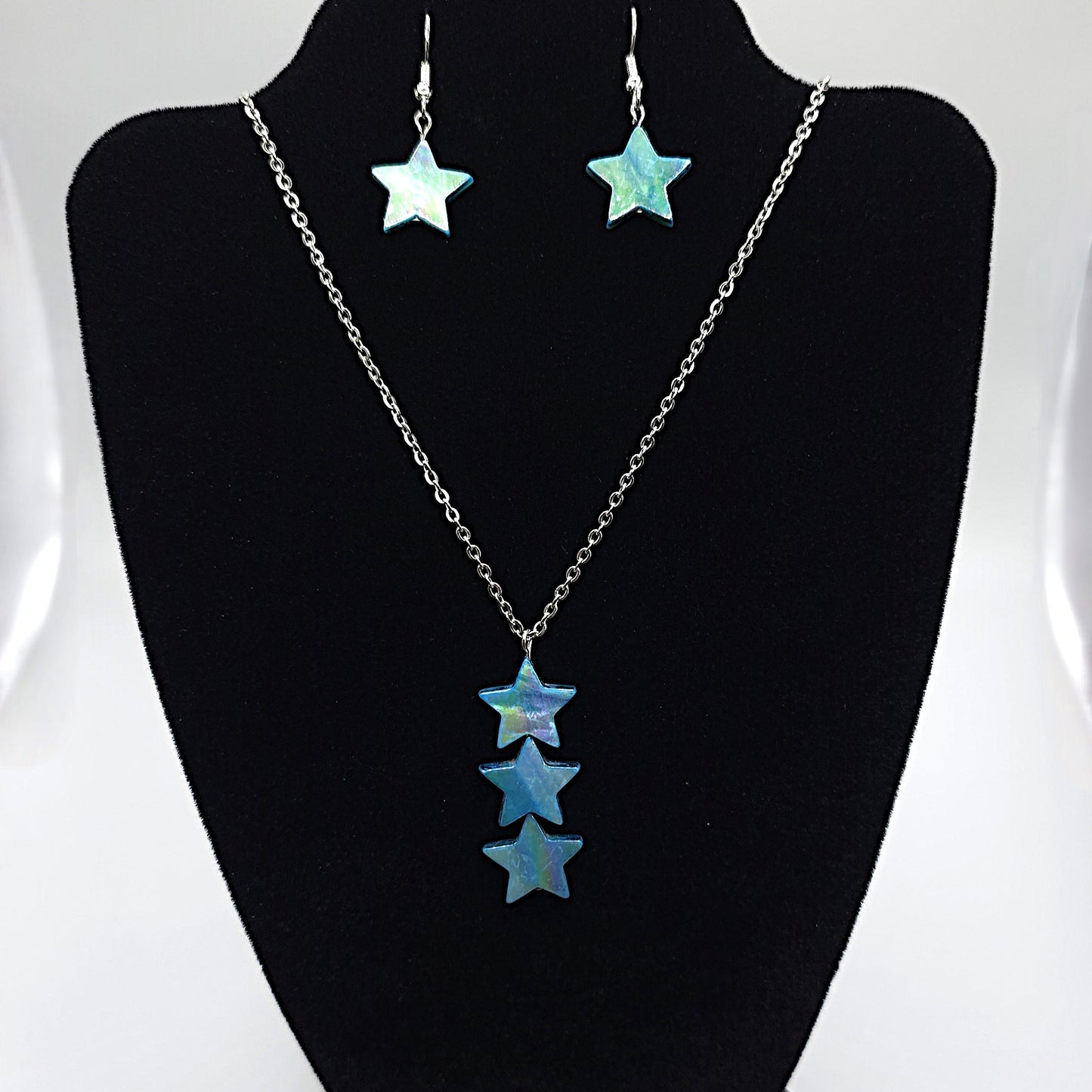 Blue Mother of Pearl Star Pendant on a Stainless Steel Chain Necklace and Earring Set