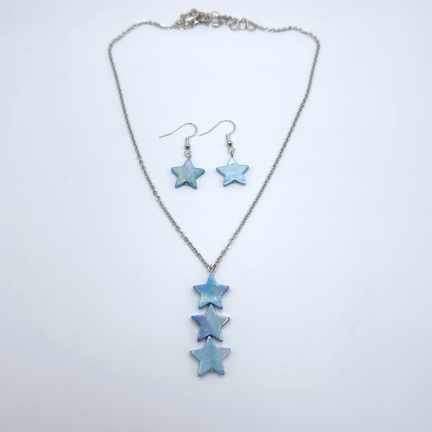 Blue Mother of Pearl Star Pendant on a Stainless Steel Chain Necklace and Earring Set