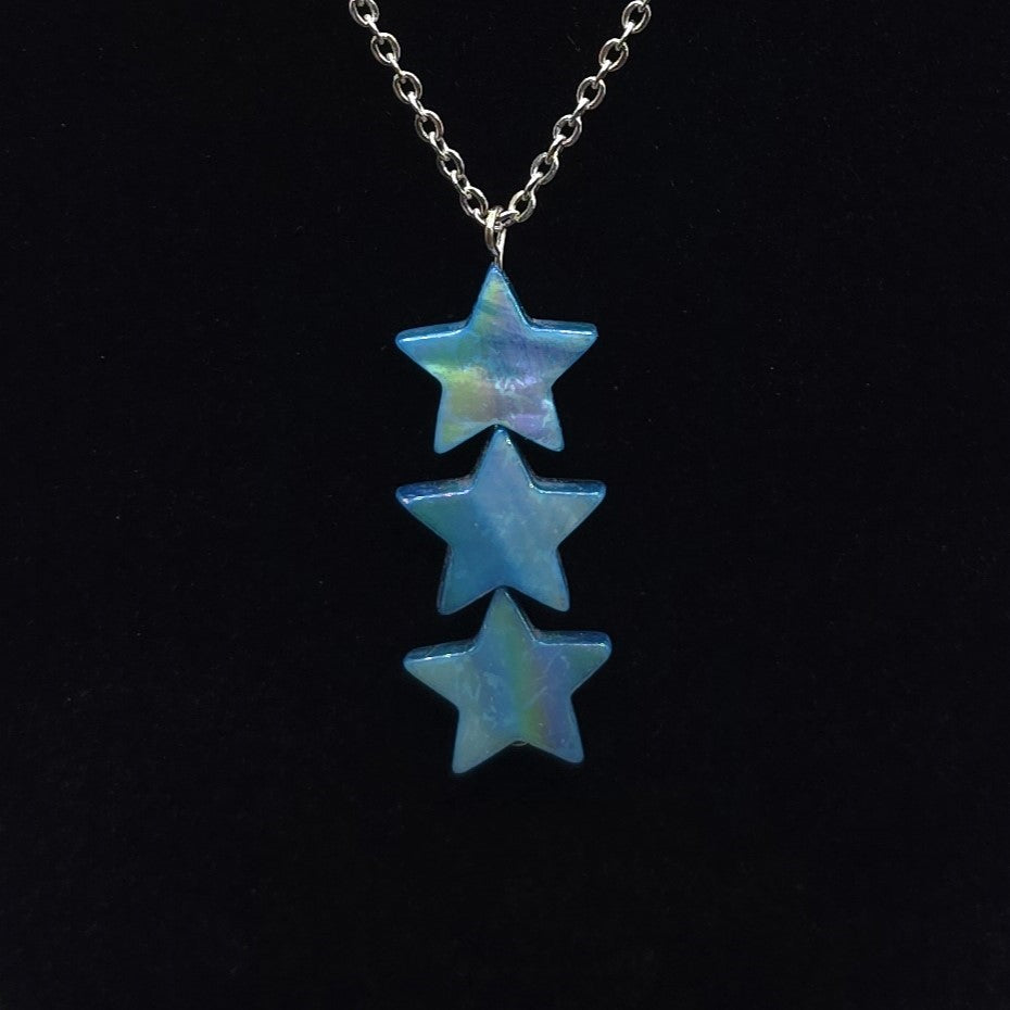 Blue Mother of Pearl Star Pendant on a Stainless Steel Chain Necklace and Earring Set