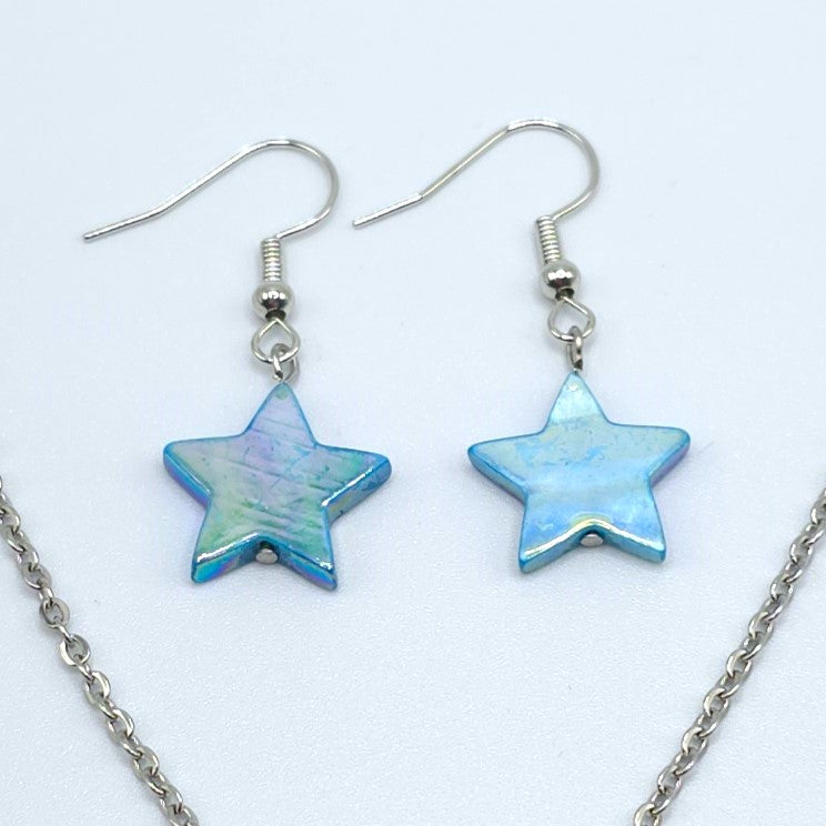 Blue Mother of Pearl Star Pendant on a Stainless Steel Chain Necklace and Earring Set