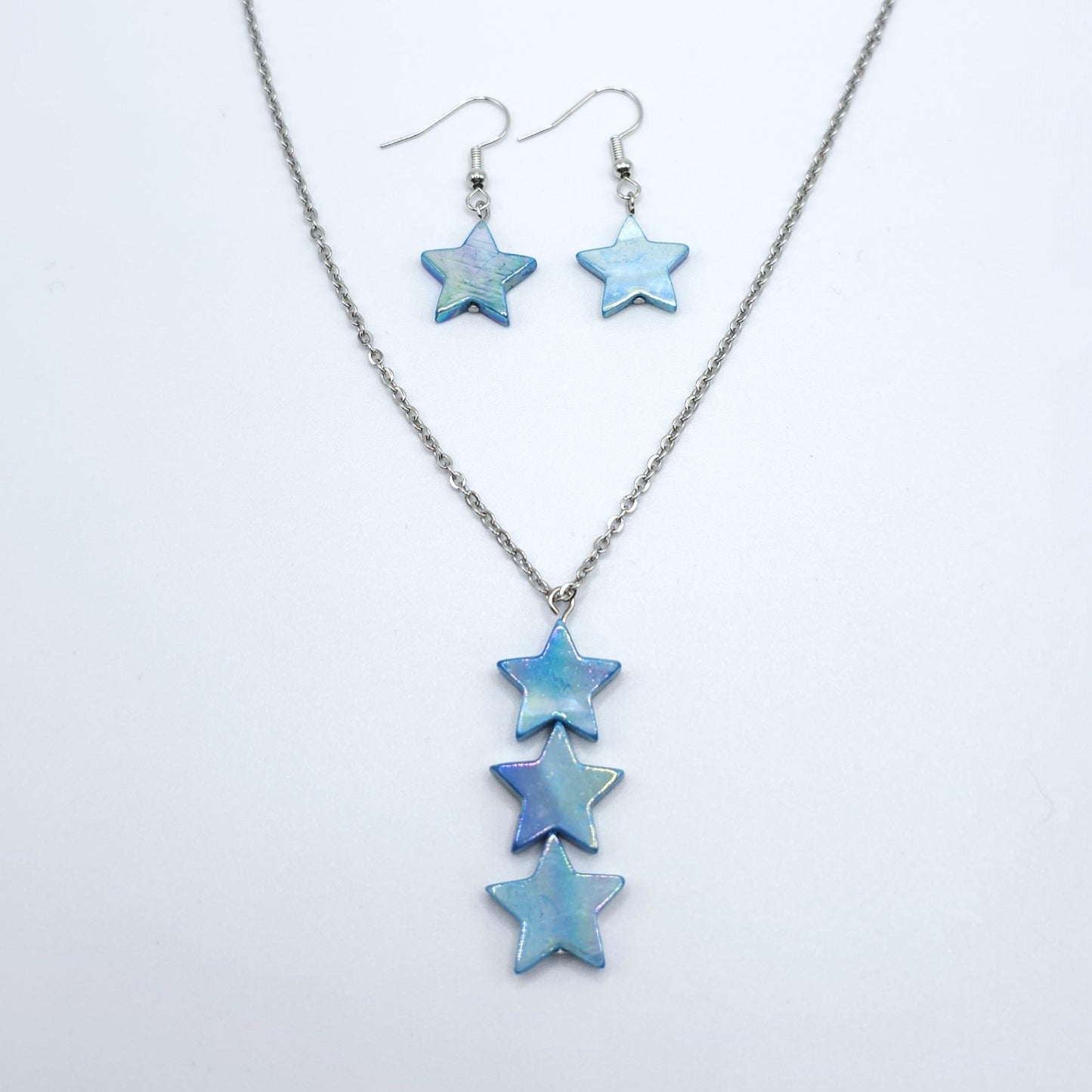 Blue Mother of Pearl Star Pendant on a Stainless Steel Chain Necklace and Earring Set