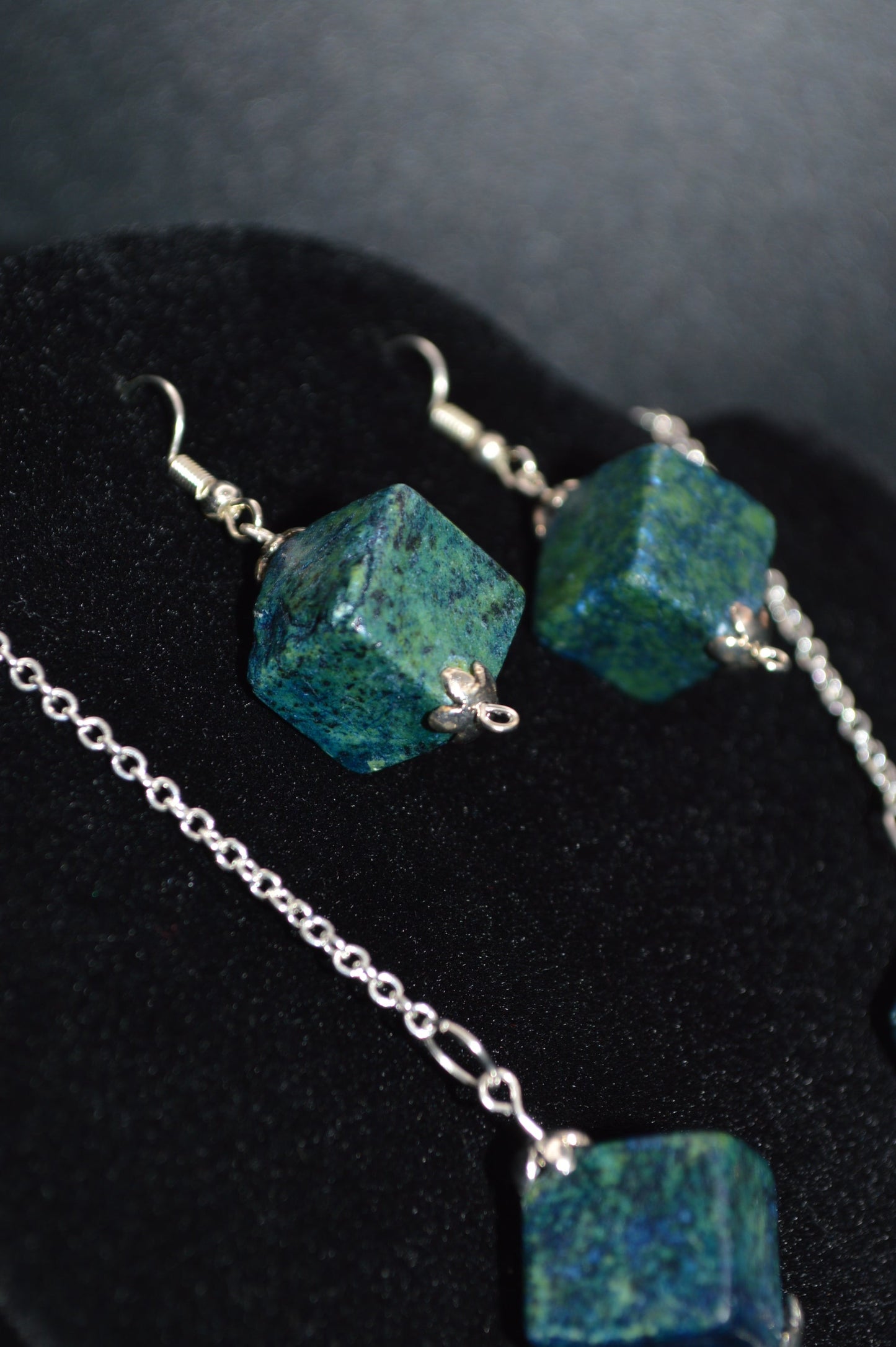 Blue Green Serpentine and Quartz Necklace and Earring Set (2 drops)