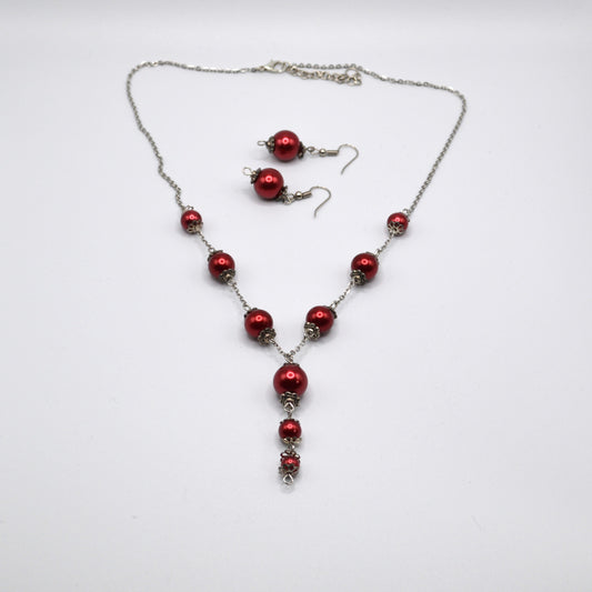 Maroon Glass Beaded Necklace and Earring Set