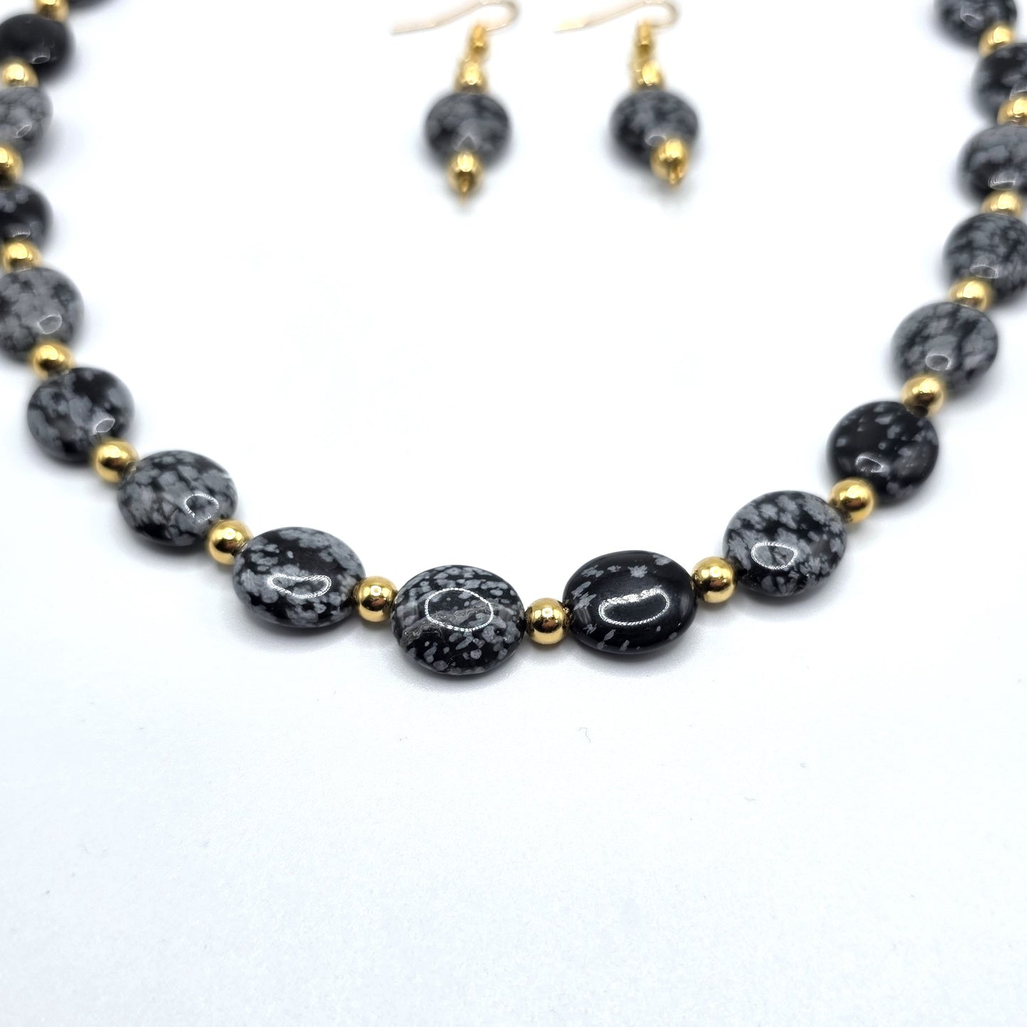 Snowflake Obsidian Beaded Necklace and Earring Set