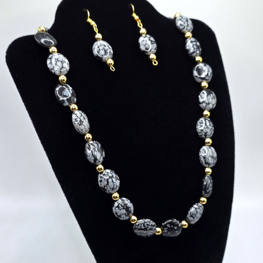 Snowflake Obsidian Beaded Necklace and Earring Set