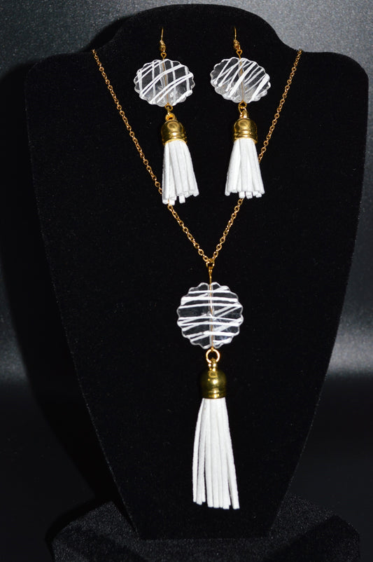 Striped Acrylic Pendant with Tassel Necklace and Earring Set