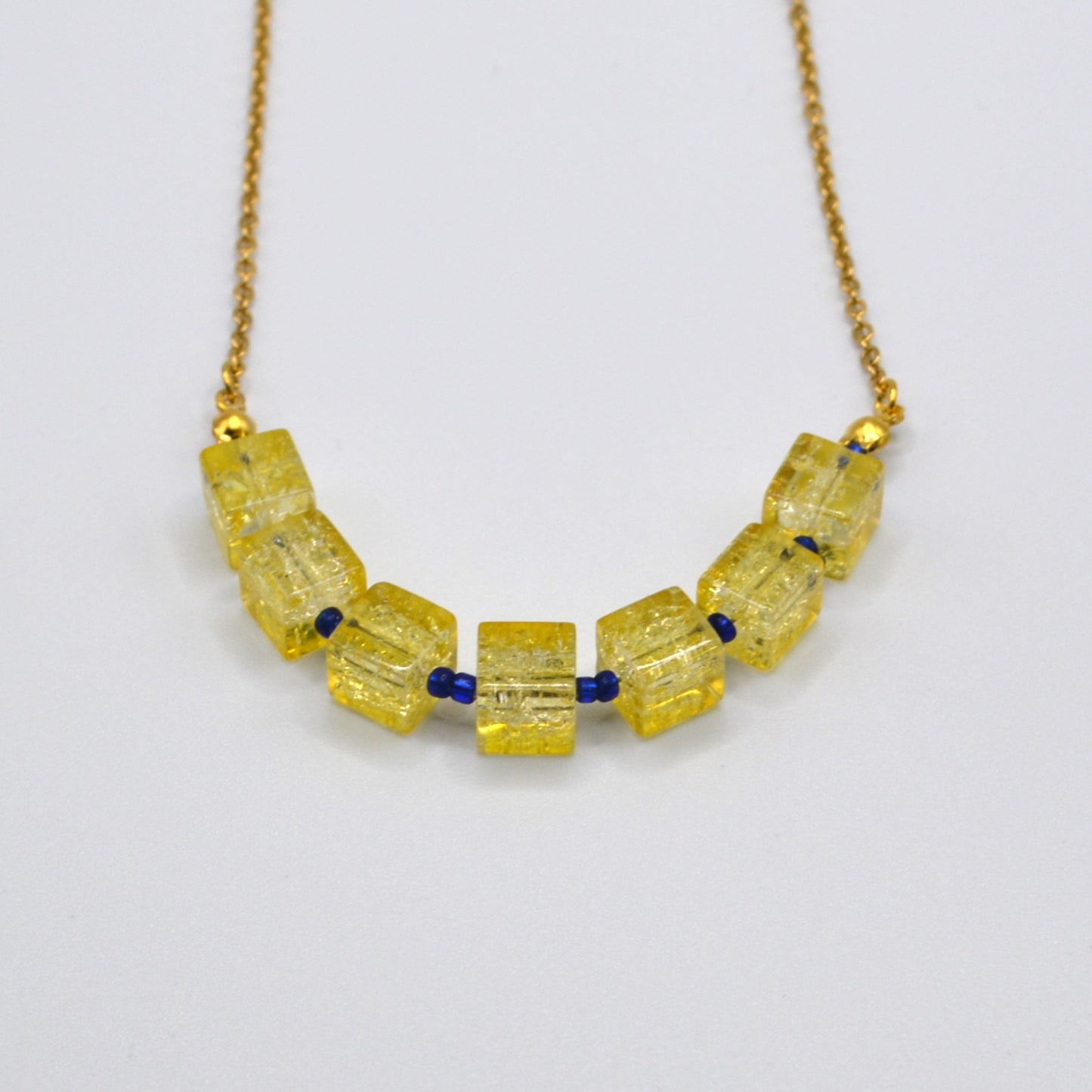 Yellow Crackled Glass Necklace with Blue Seed Beads