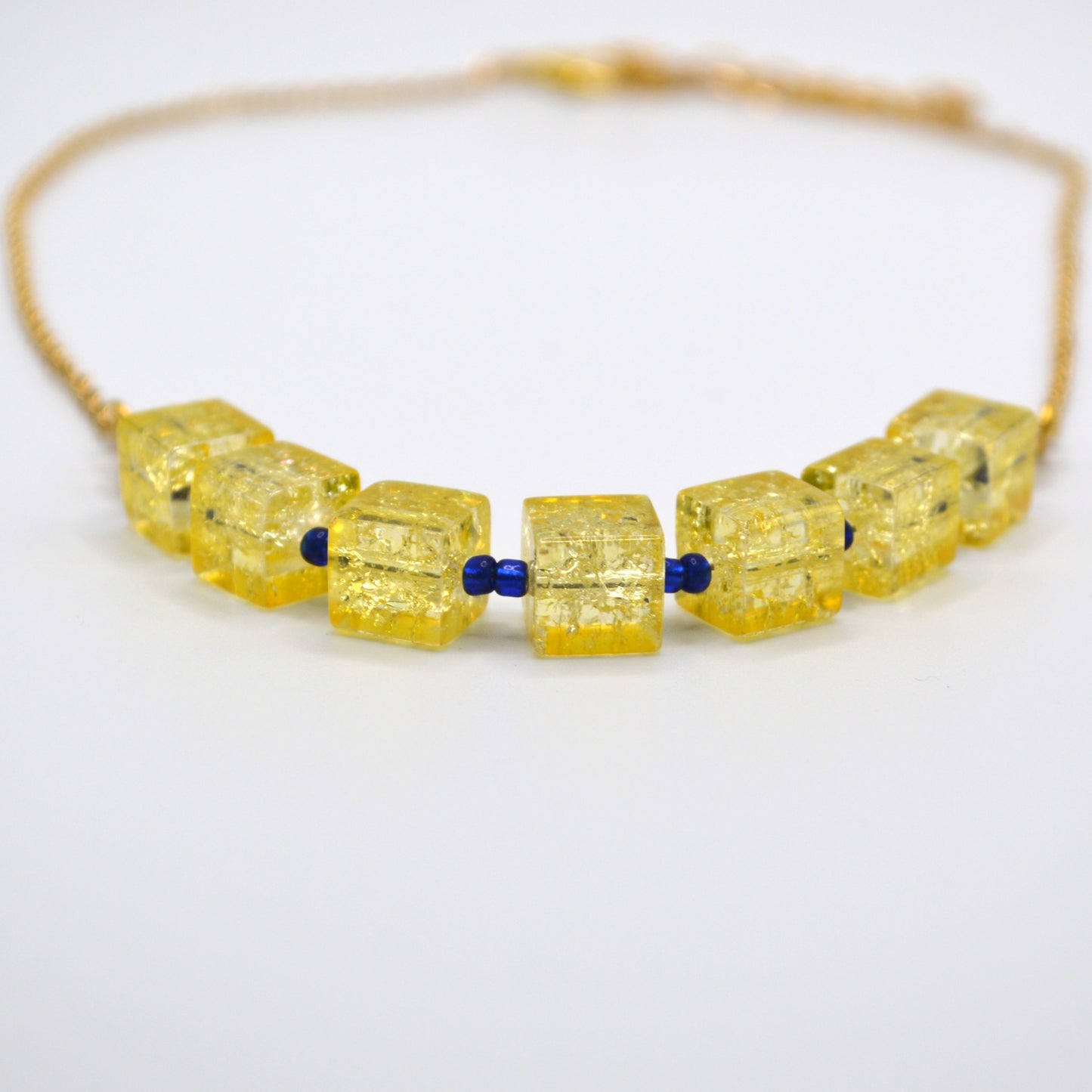 Yellow Crackled Glass Necklace with Blue Seed Beads