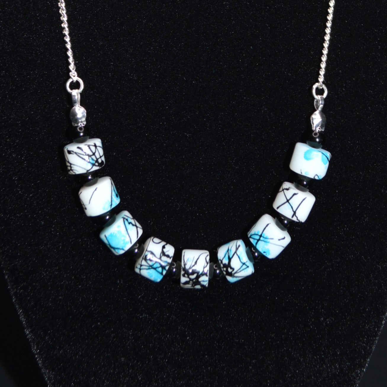 White, Black and Blue Painted Glass Necklace and Earring Set