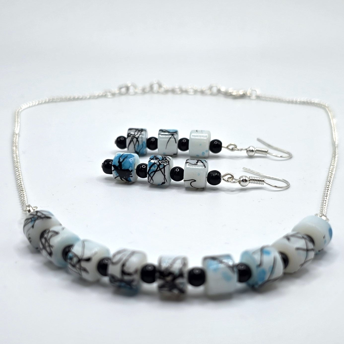 White, Black and Blue Painted Glass Necklace and Earring Set