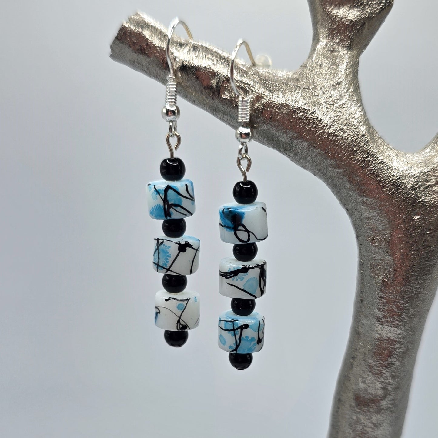 White, Black and Blue Painted Glass Beaded Earrings