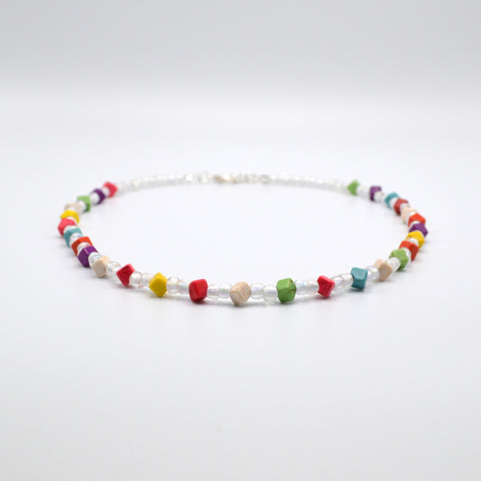 Rainbow Cubes with White Seed Beads Necklace