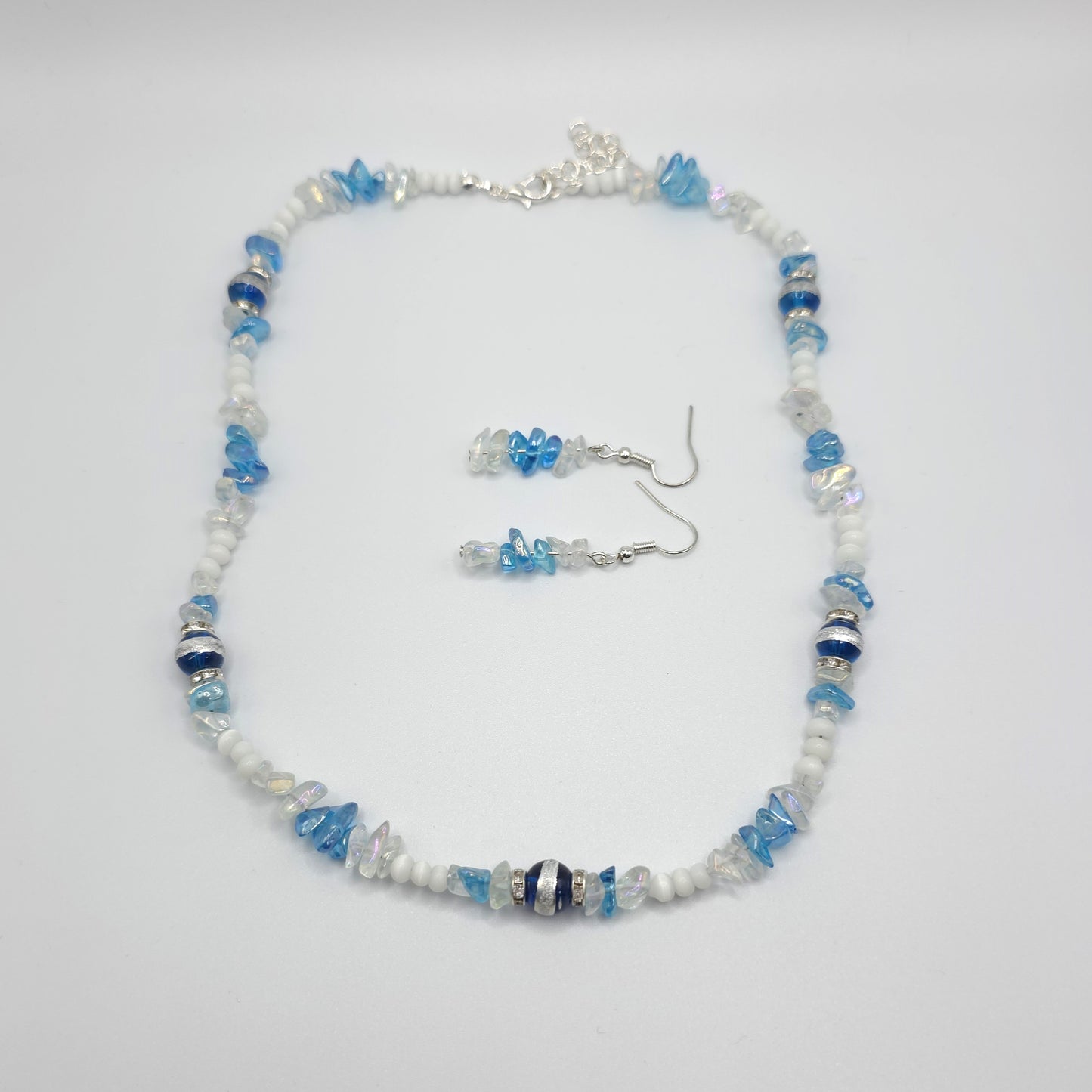 Blue Silver Striped Glass Beads with Glass Chips and Crystal Spacers Necklace and Earring Set