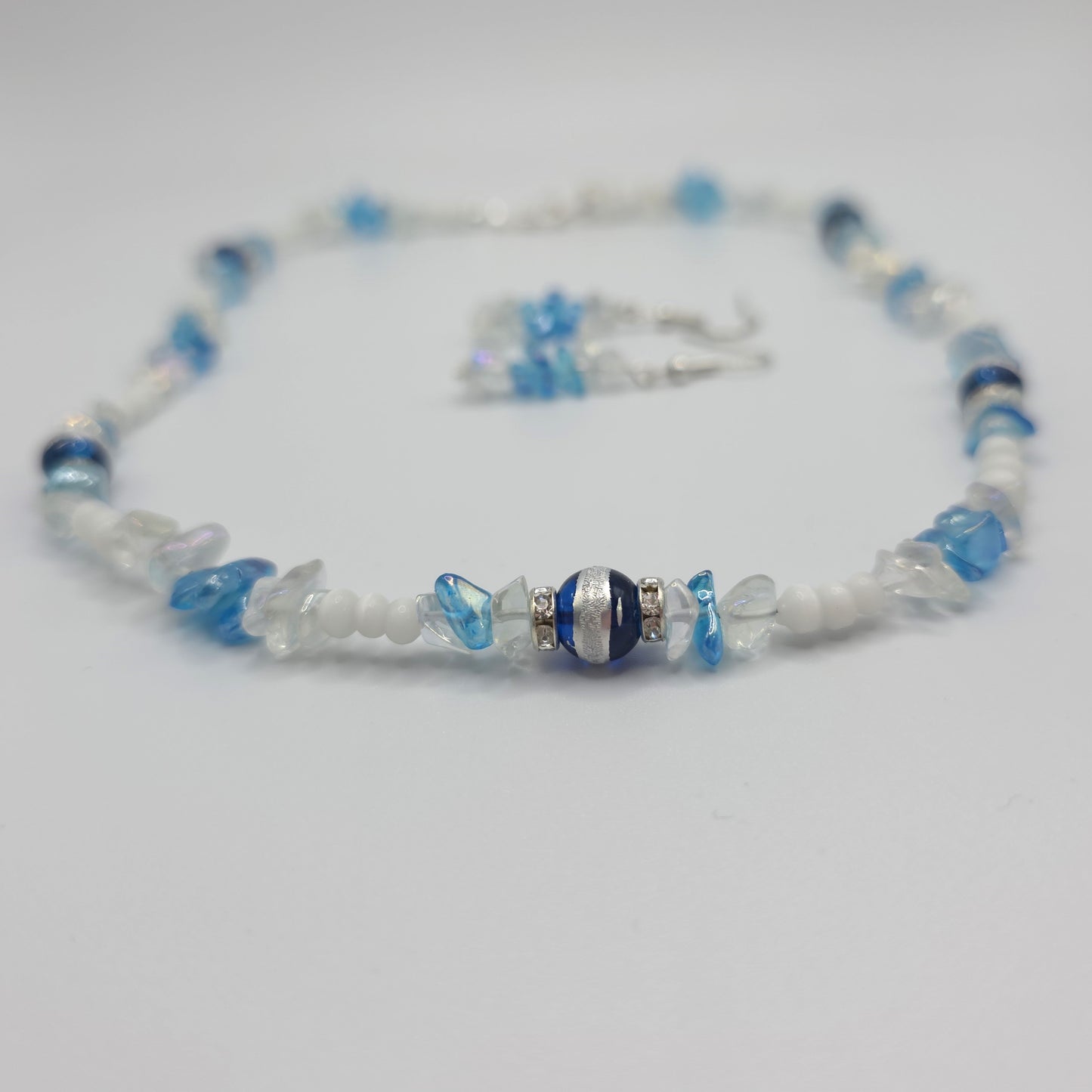 Blue Silver Striped Glass Beads with Glass Chips and Crystal Spacers Necklace and Earring Set