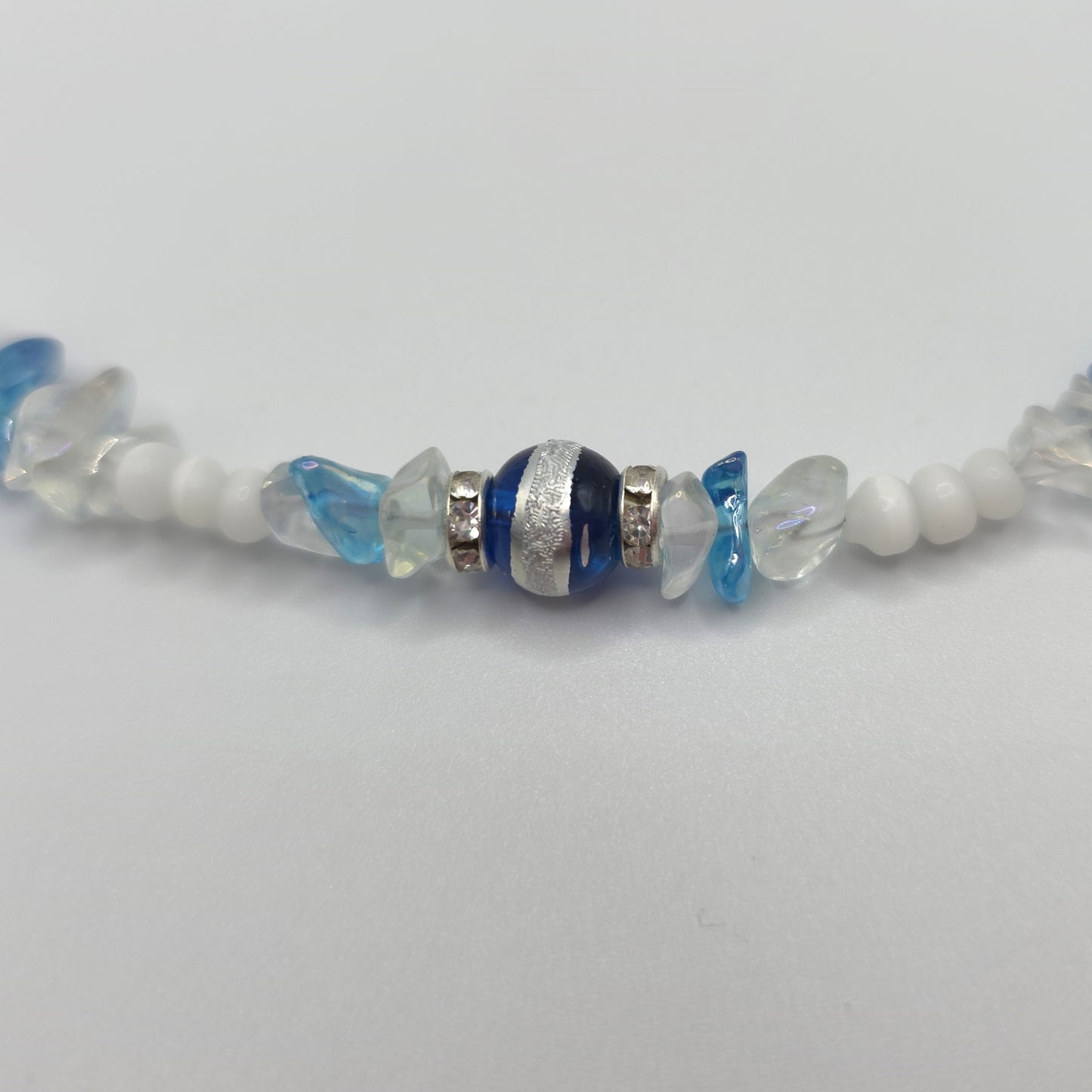 Blue Silver Striped Glass Beads with Glass Chips and Crystal Spacers Necklace and Earring Set