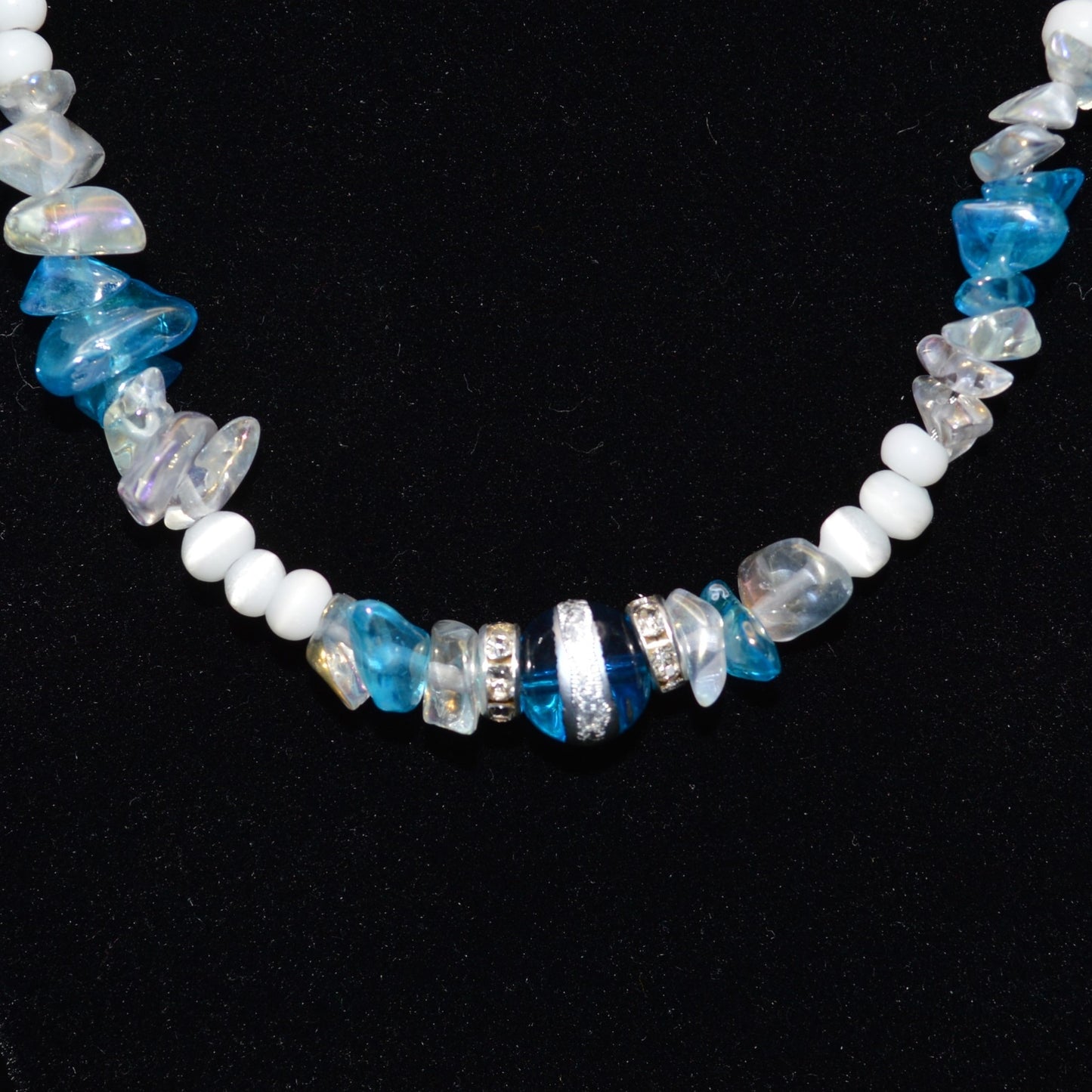 Blue Silver Striped Glass Beads with Glass Chips and Crystal Spacers Necklace and Earring Set