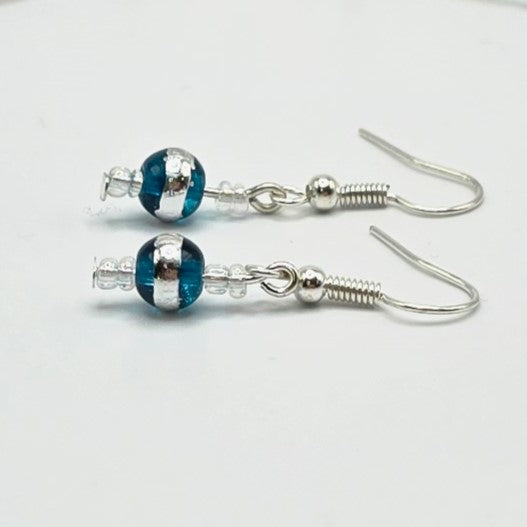 Aqua Silver Striped Glass Beads and Seed Bead Earrings