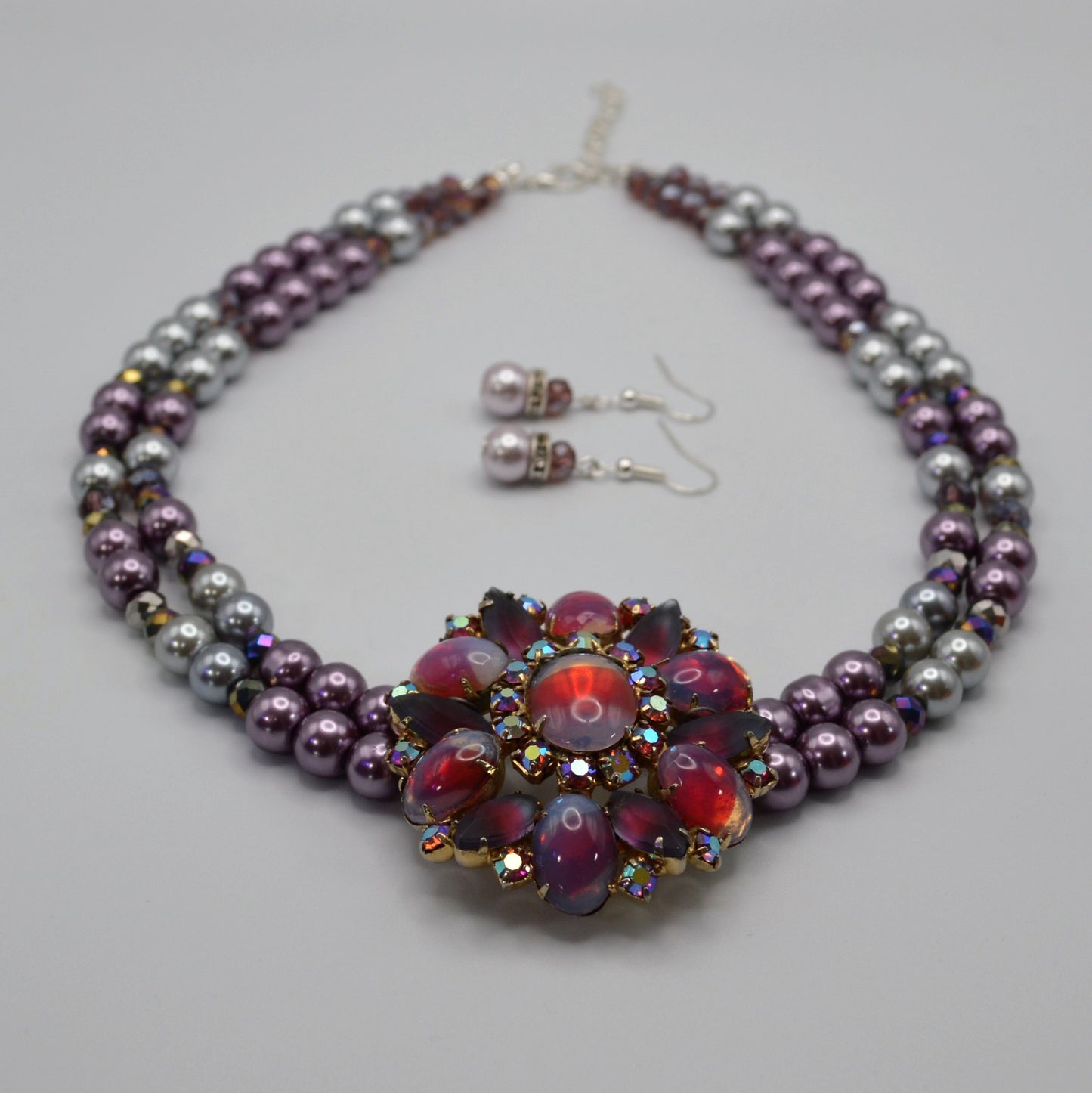 Vintage Brooch and Pearl Necklace (Purple and Silver)