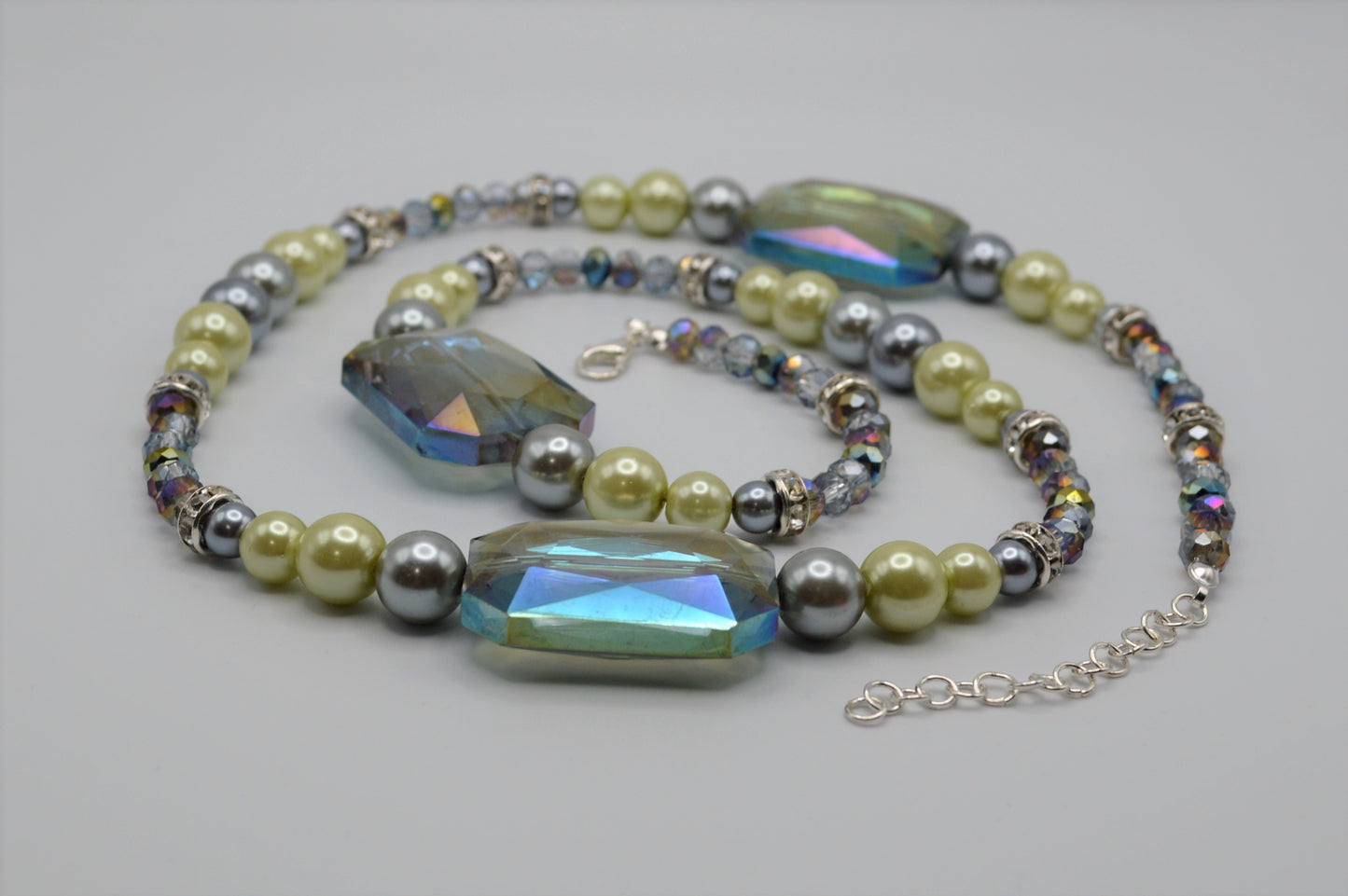 Rectangular Glass, Pearl and Crystal Necklace