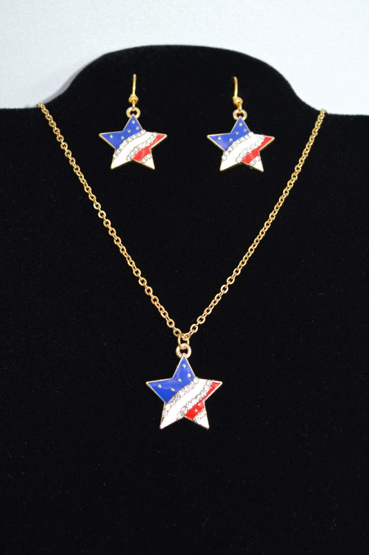 Enamel Star Flag Earrings and Necklace Set