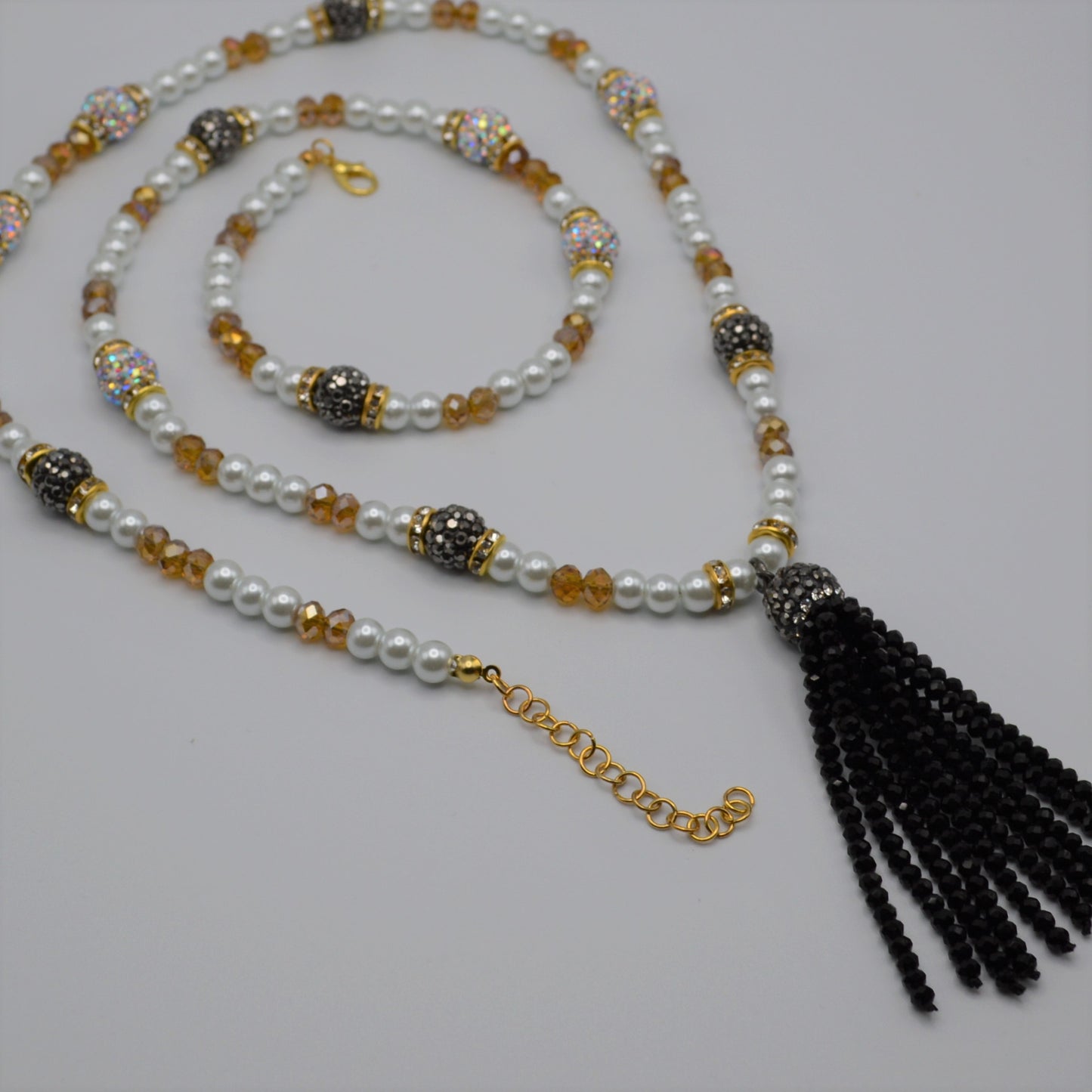 Black and Topaz Crystal and Pearl Tassel Necklace