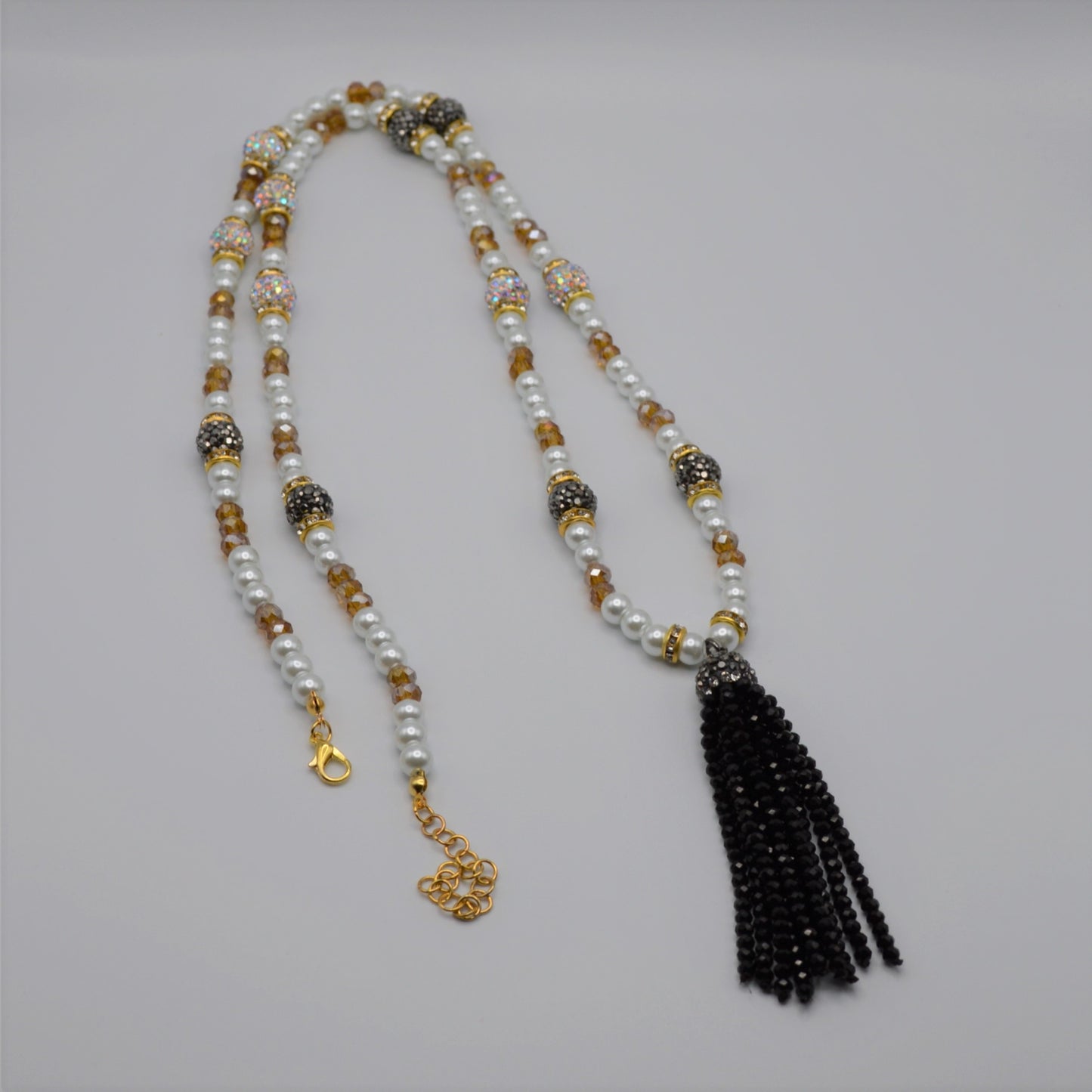 Black and Topaz Crystal and Pearl Tassel Necklace