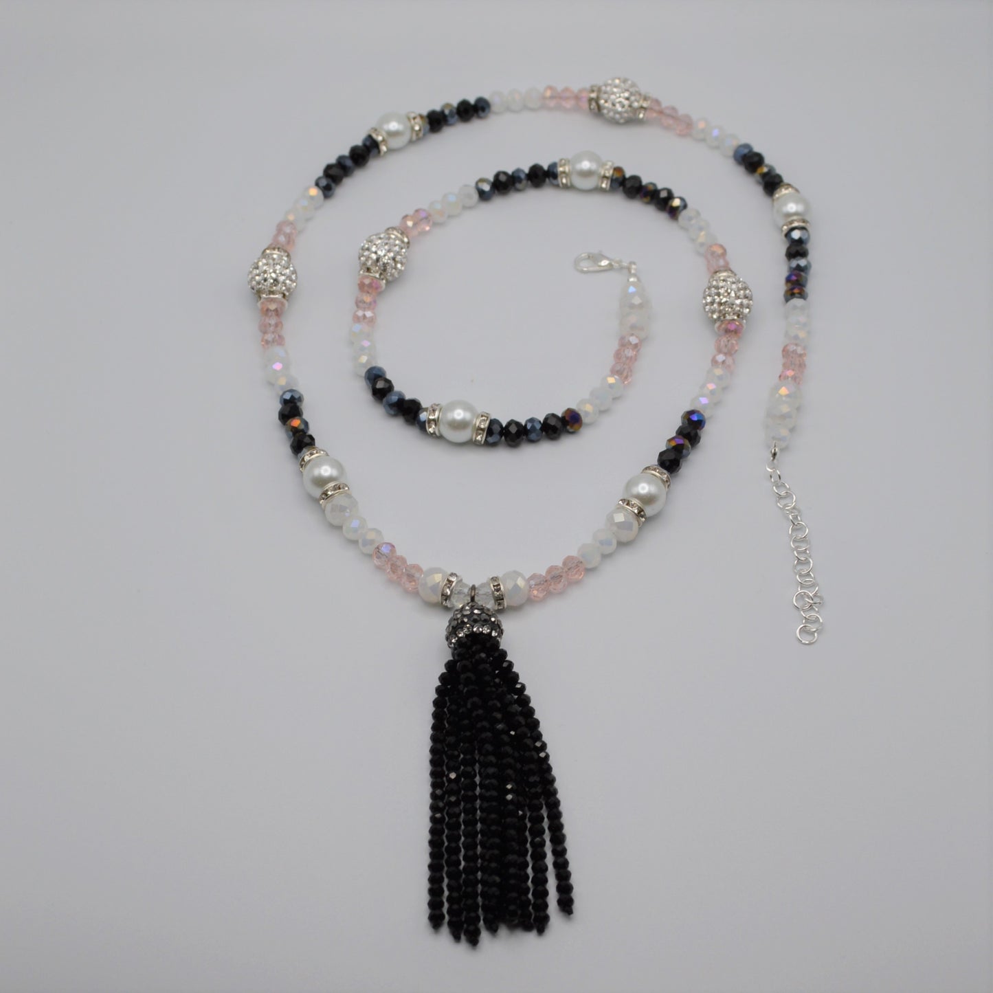 Pink, Black and White Crystal and Pearl Tassel Necklace