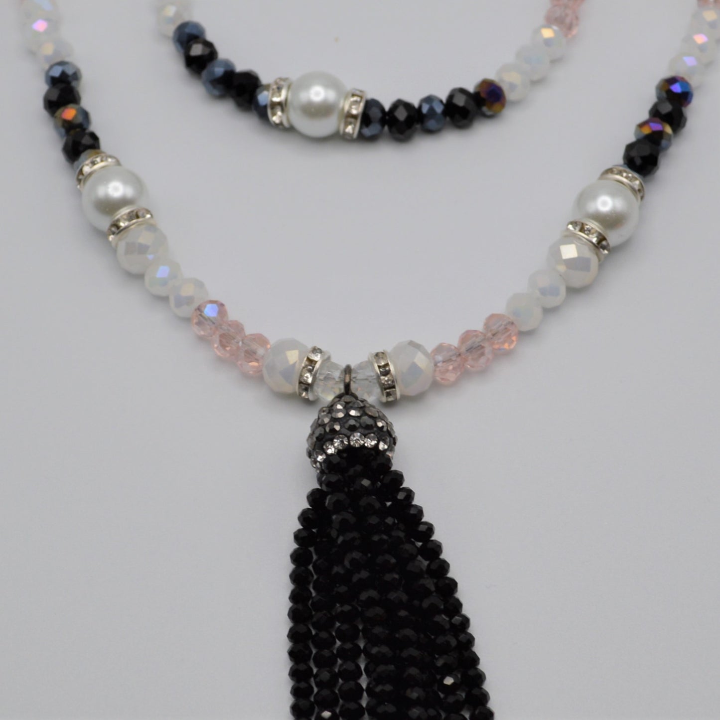 Pink, Black and White Crystal and Pearl Tassel Necklace