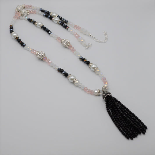 Pink, Black and White Crystal and Pearl Tassel Necklace