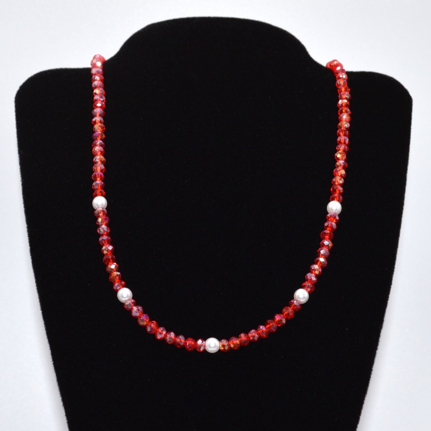 4mm Cherry Red Crystals and Pearl Necklace