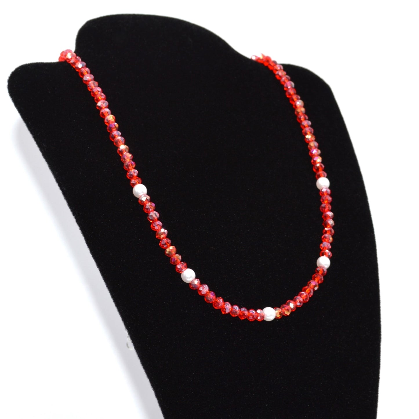 4mm Cherry Red Crystals and Pearl Necklace