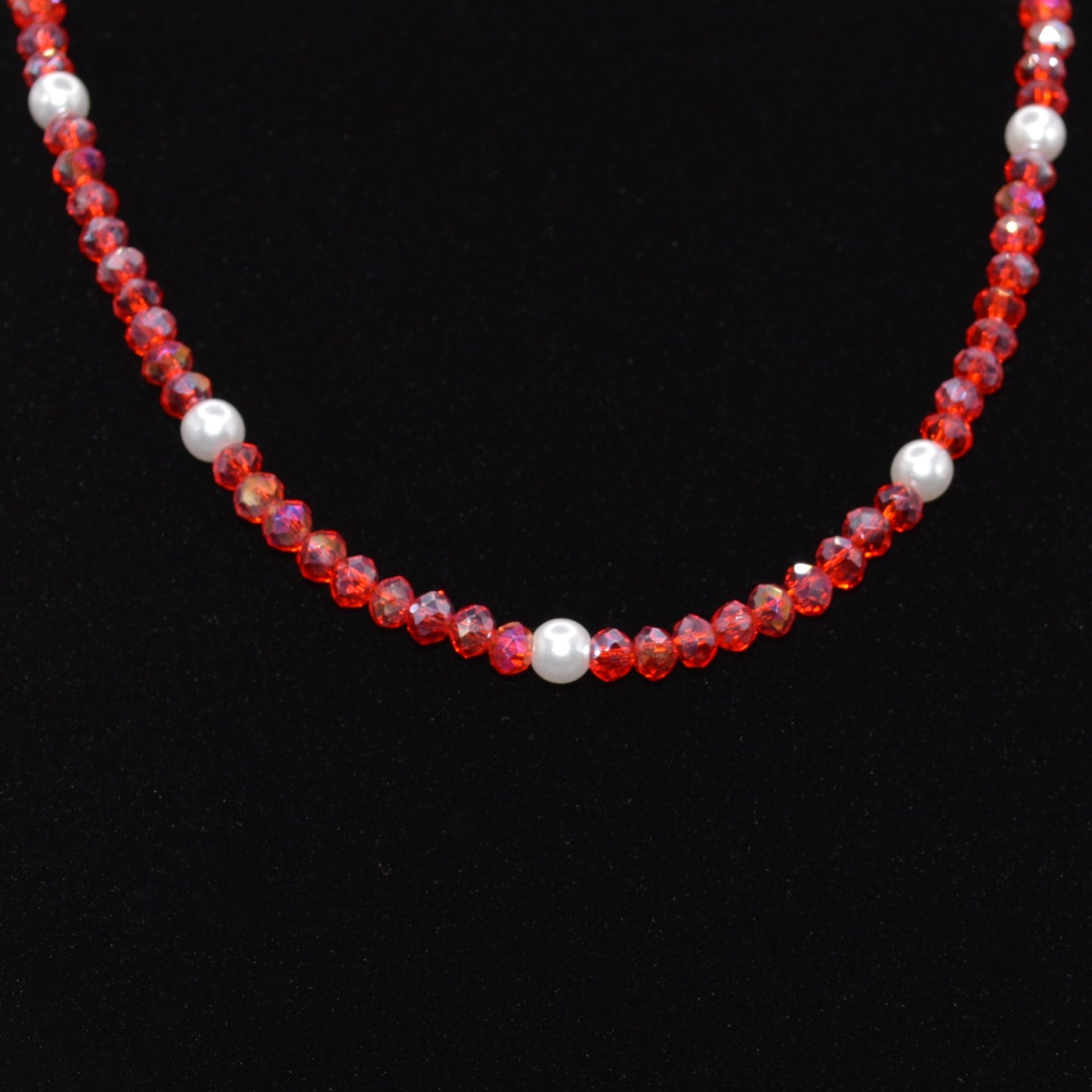 4mm Cherry Red Crystals and Pearl Necklace