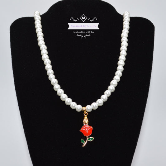 Rose Pendant and White Pearl Necklace