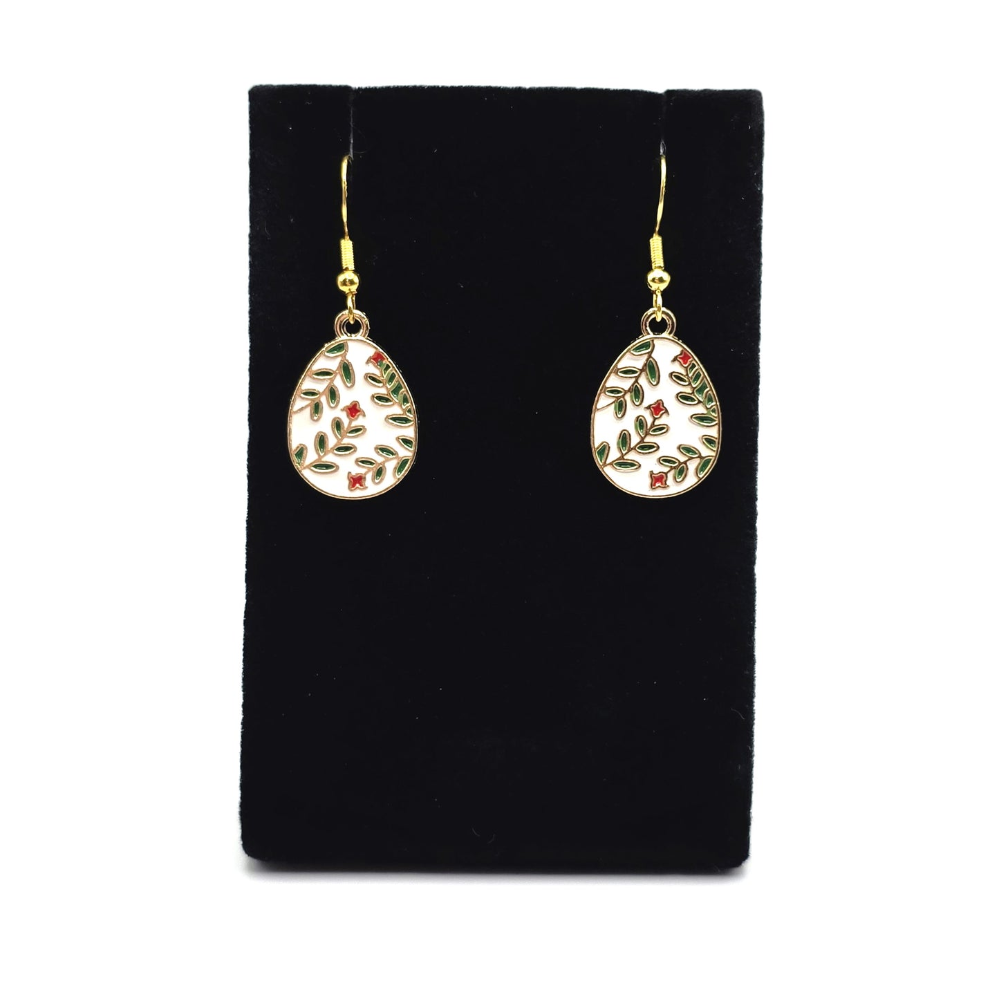 White Egg with Greenery and Red Flowers Earrings